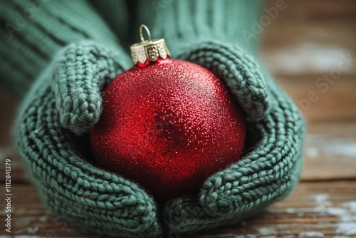 Holiday spirit showcased with hands in green gloves holding a bright red orna...