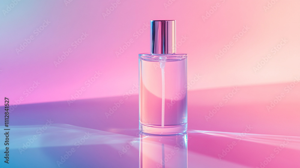 Elegant Glass Perfume Bottle With Soft Pink Liquid Under Gradient Light at Studio Setting