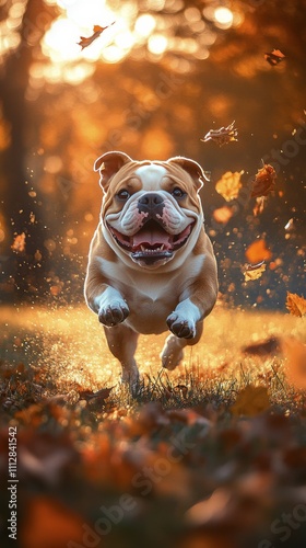 Happy dog jumps through colorful autumn leaves in a vibrant outdoor setting
