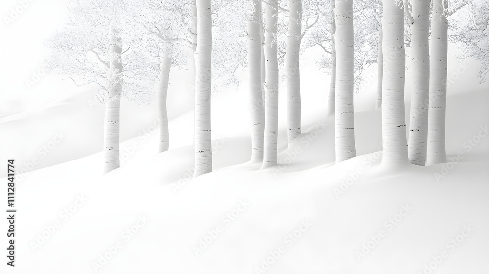 Fototapeta premium Ethereal White Trees Embrace Winter's Quiet Beauty in Snow-Covered Wonderland