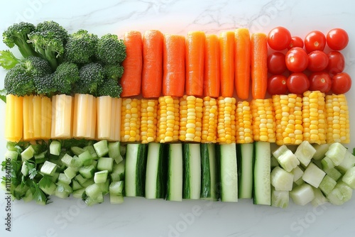 Colorful arrangement of fresh vegetables on a white countertop for healthy ea...