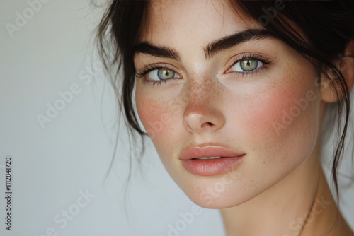 Close up of a woman with striking green eyes and natural makeup against a lig...