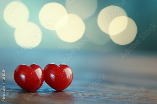 Two red hearts on a wooden surface with a soft bokeh background in natural light