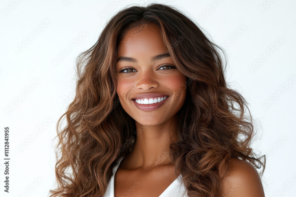 Smiling young woman with wavy hair in natural light setting indoors Smiling young woman with wavy hair in natural light setting indoors