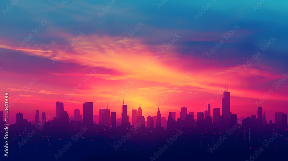A sleek and modern banner template featuring a city skyline at sunset, with vibrant colors blending into the sky A sleek and modern banner template featuring a city skyline at sunset, with vibrant colors blending into the sky