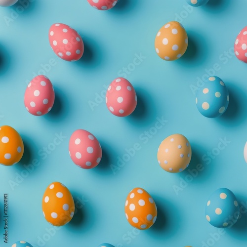 Colorful polka dot eggs arranged on a bright blue background for a festive sp...