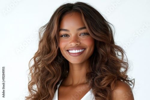 Smiling young woman with wavy hair in natural light setting indoors