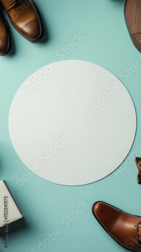 Collection of shoes arranged around a blank circular space on a light blue ba...