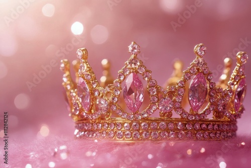 Shimmering pink crown adorned with jewels on sparkling background