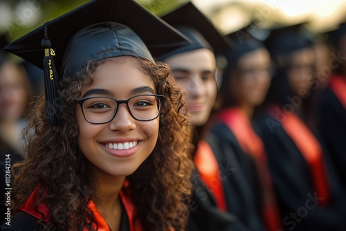 Joyful graduate celebrating achievement at a graduation ceremony in bright ac...