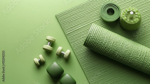 Green workout accessories arranged neatly on a soft mat for fitness enthusias...