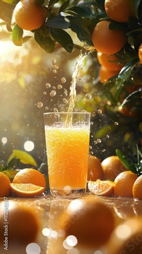 Juicy oranges falling into fresh juice surrounded by ripe oranges in a sunny ...
