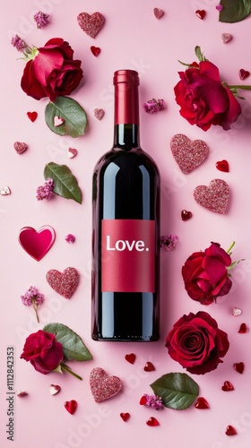 Romantic wine bottle surrounded by roses and hearts for a memorable celebration