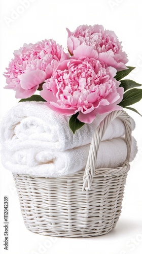 Elegant towel arrangement with pink peonies in a woven basket for home decor