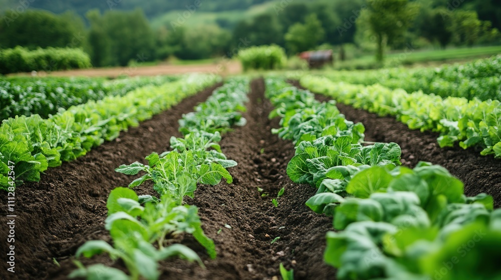 A thriving organic farm with rows of fresh vegetables grown without synthetic pesticides or fertilizers. A thriving organic farm with rows of fresh vegetables grown without synthetic pesticides or fertilizers.