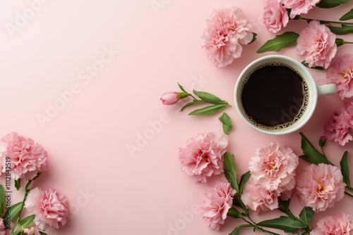 Coffee cup surrounded by pink flowers on a soft pink background during the mo...