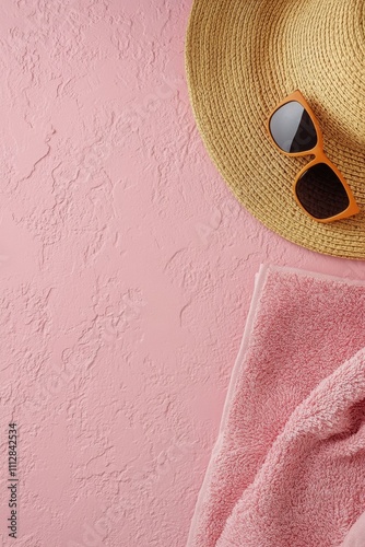 Summer accessories laid out on a pink backdrop with natural textures and soft...