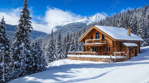 A cozy log cabin sits nestled in a snowy mountain landscape.