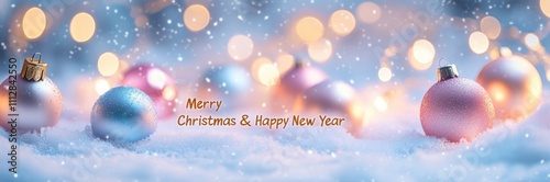 Christmas and New Year greeting card with golden text "Merry Christmas & Happy New Year" on a white background with snow, decoration of colorful balls in the snow, blurred bokeh lights Generative AI