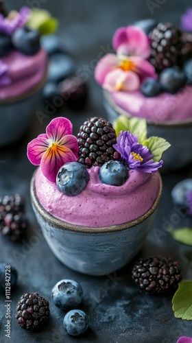 Delicious berry mousse topped with fresh fruits and edible flowers served in ...