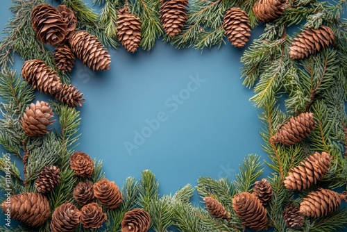 Natural holiday wreath made of pinecones and evergreen branches on blue backg...