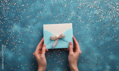 Hands holding an envelope on a sparkling turquoise background with gold accents