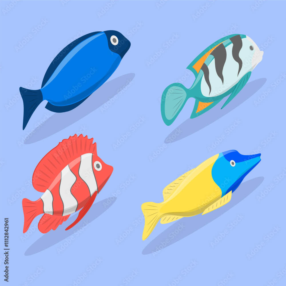Fototapeta premium 3D Isometric Flat Vector Illustration of Tropical Fish Collection, Aquarium Underwater Creatures