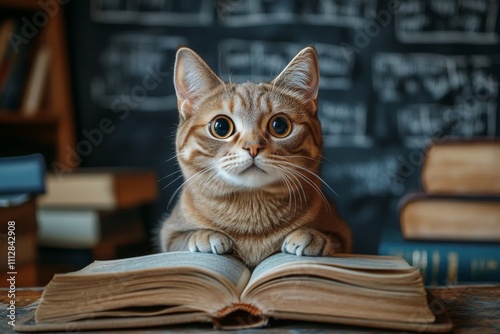 Cat sitting with large open book in front of a chalkboard filled with writing...
