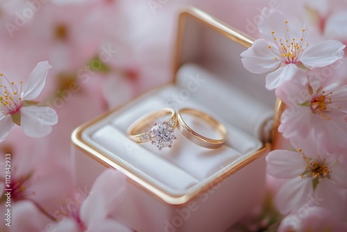 Elegant wedding rings displayed on soft cushion surrounded by delicate blooms
