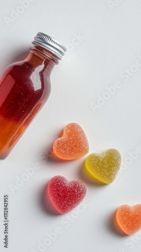 Colorful heart shaped gummies beside a bottle of syrup on a white surface