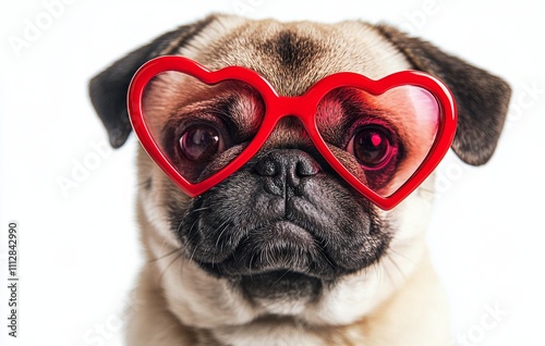 Pug wearing heart shaped sunglasses poses for a playful portrait in a studio ...