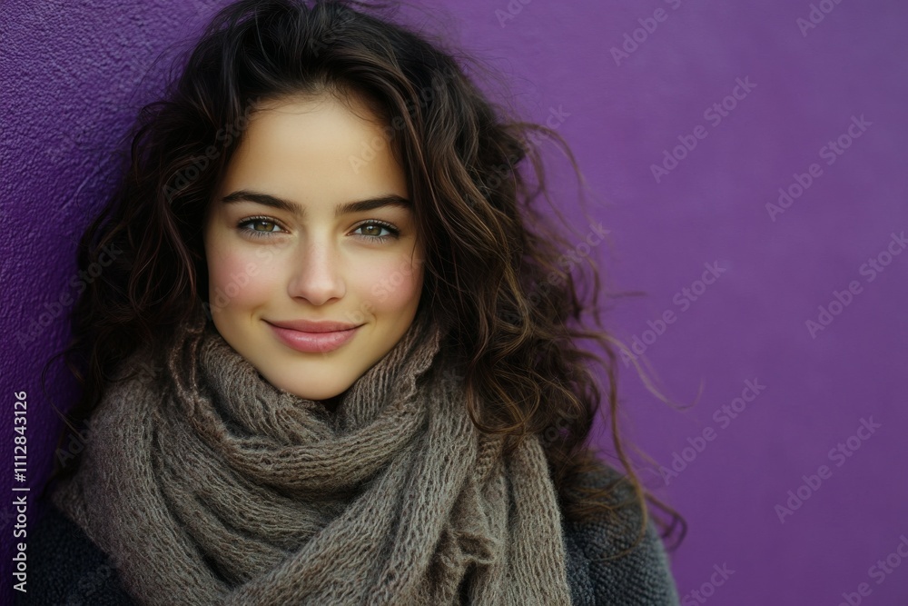 Young woman smiling warmly in front of a vibrant purple background on a sunny day Young woman smiling warmly in front of a vibrant purple background on a sunny day