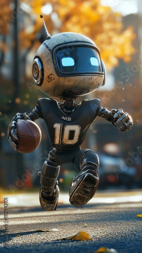 Futuristic robotic football player sprinting towards the end zone on a foggy ...