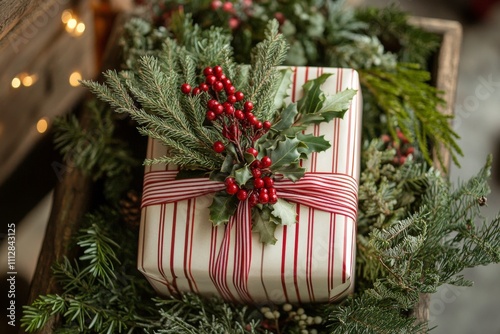 Beautifully arranged holiday gift box with decorations and greenery near a wi...