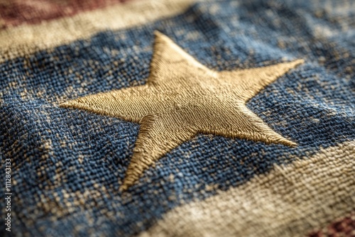 Close up view of embroidered star on a vintage American flag fabric