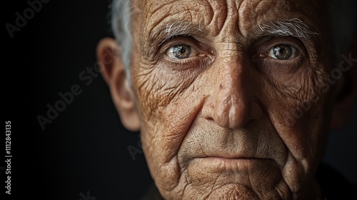 Close-up of an elderly man's face, showing wrinkles and lines.