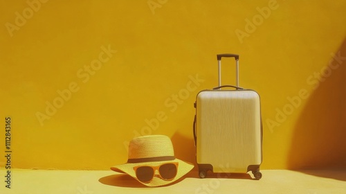 Bright yellow travel gear with sunglasses and hat on a suitcase against a yel...