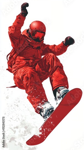 Snowboarder in mid air performing a trick against a snowy backdrop