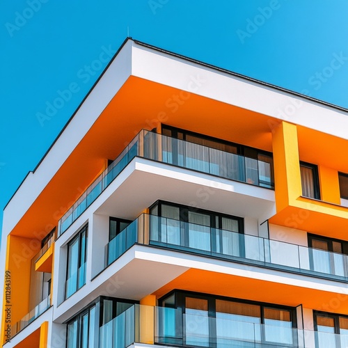 Modern apartment building with colorful balconies in urban area during clear day