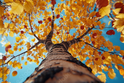 Person gazing up at vibrant autumn trees in a forest under clear blue sky