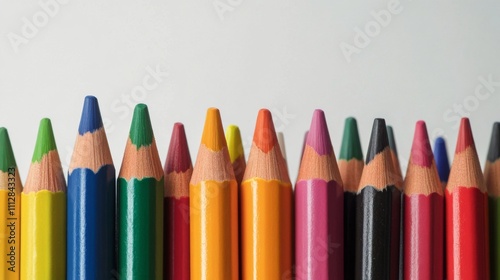 Colorful collection of crayons arranged neatly on a white background for arti...