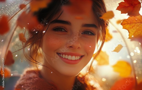 Smiling girl surrounded by autumn leaves during golden hour in a serene outdo...