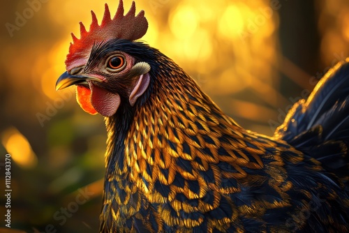 A close-up of a fancy chicken with golden and black feathers, striking comb and feathery neck detailing, illuminated by the warm glow of afternoon light. photo