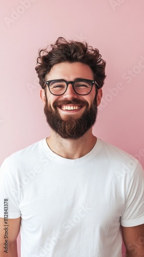 Smiling man poses confidently against a pink background wearing a simple whit...