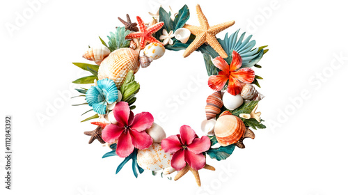 vibrant summer wreath made of seashells, starfish, and tropical flowers, isolated on a seamless white background photo