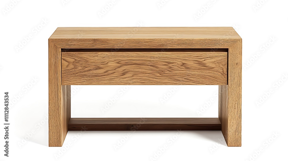 A wooden nightstand with a drawer sits on a white background A wooden nightstand with a drawer sits on a white background