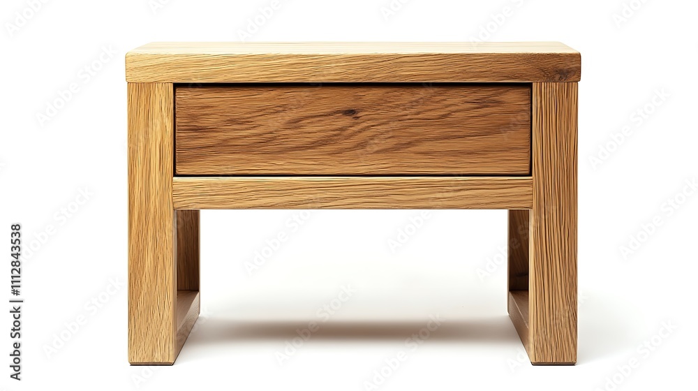 A wooden nightstand with a drawer sits on a white background A wooden nightstand with a drawer sits on a white background