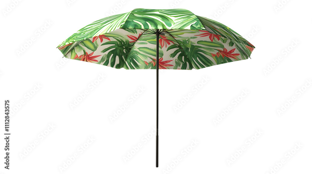 Fototapeta premium realistic beach umbrella with tropical patterns, isolated on a seamless white background