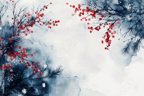 Winter landscape featuring red berries and snow covered pine branches