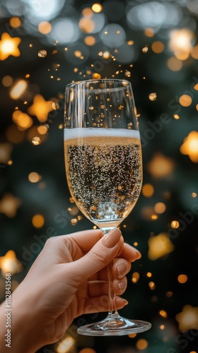 Holding a celebratory champagne glass surrounded by sparkling stars and festi...